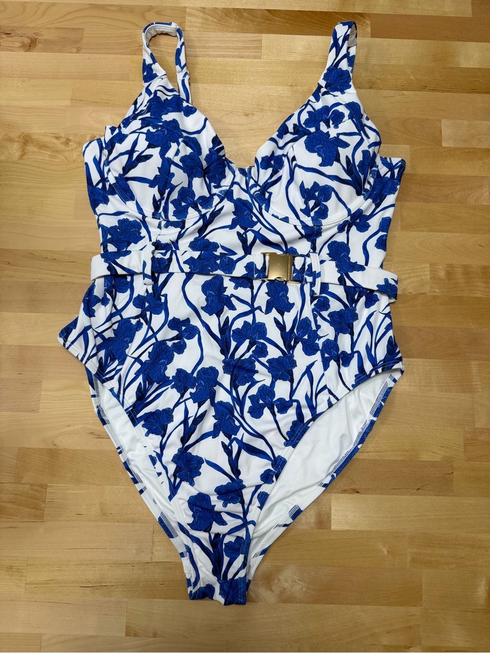 Hutch White One-Piece Swimsuit with Blue Floral Print and Belt